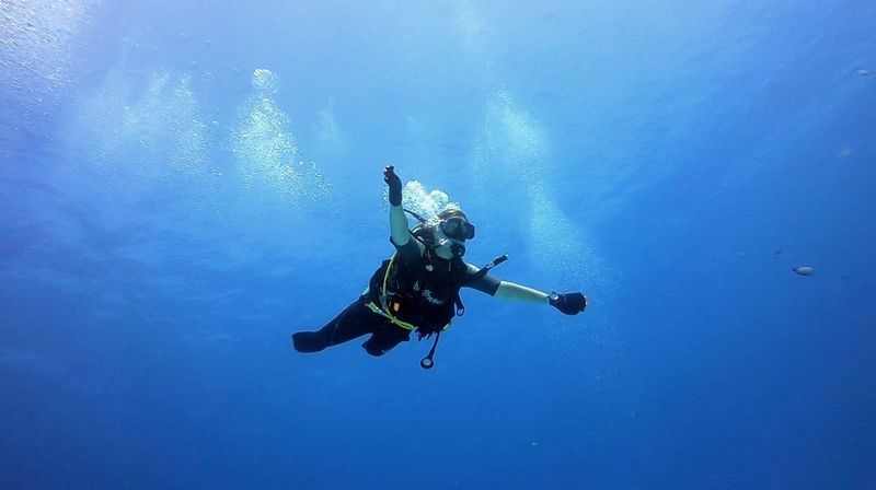 На фото: Елена Чинка в маске и костюме плывет под водой в глубине
