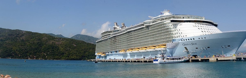 На фото: Огромный вытянутый корабль Oasis of the Seas стоит у причала