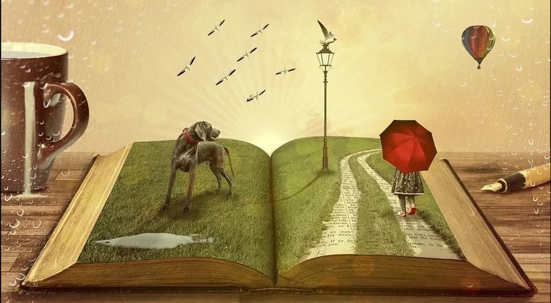 На фото: художественная иллюстрация, на которой изображена раскрытая книга. На страницах книги растет трава, гуляет собака, стоит фонарь, идет девушка с красным зонтом, летят птицы и поднимается вверх воздушный шар