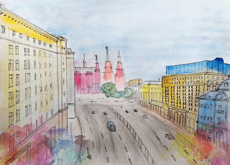 На фото: акварельный рисунок Москва, Красная площадь, Кремль, Тверская улица