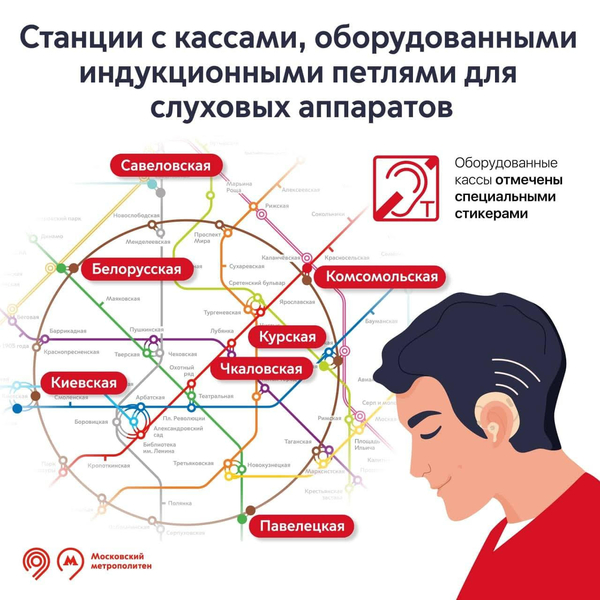 На фото: карта-схема Мосметро с обозначением станций, на которых установлено оборудование для пассажиров с нарушением слуха